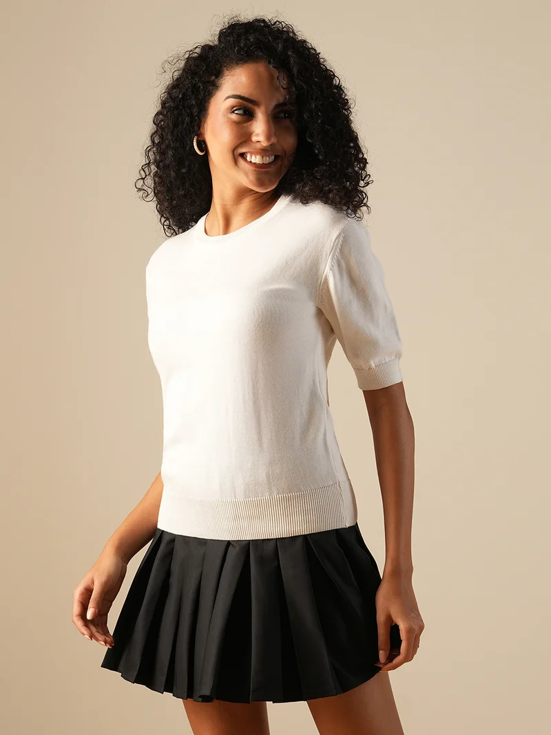 globus Globus Women Round Neck Puff Sleeves Solid Knitted Ribbed Hem Pullover Sweater