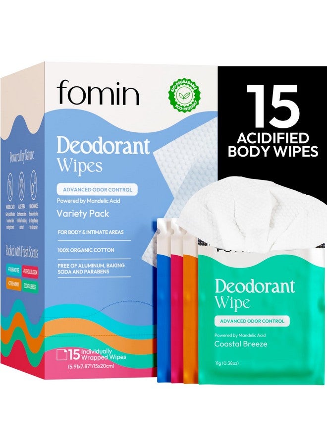 FOMIN FOMIN Acidified Travel Deodorant Wipes For Women & Men - 15 Count - Variety Pack - pH Balanced, Mini Deodorant Travel Size Wipes - Plastic-Free, Individually Wrapped Underarm Body Wipes - Image 1