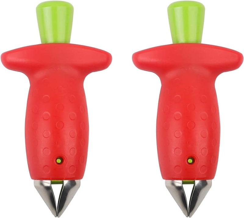 Air mingo Strawberry Huller Fruit Slicer Set, Red/Green, quick Remove Strawberry berry Stem Tool, Kitchen Tools and picnic Gadgets,（2packs) - Image 1