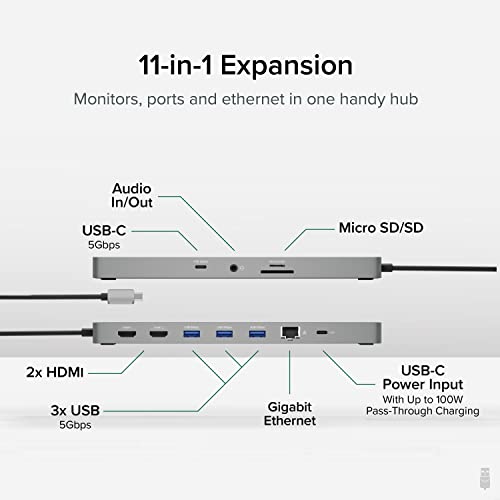 Plugable 11-in-1 USB-C Hub, 100W USB-C Pass-Through, Laptop Docking Station Dual Monitor, 4K 60Hz HDMI, Compatible with Thunderbolt, Windows, Chromebooks, Displays Mirrored on Mac - Image 2