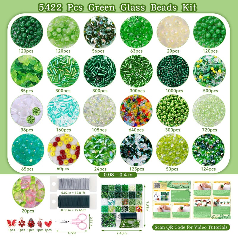 FOGWOWO 5422 Pcs Beaded Plant Kit Green Glass Beads for Plant Making, Green Beads for Beaded Plants with Video Tutorials, Nature Crystal Glass Leaf Bead for Jewelry Making DIY Craft Kit Plants Lover Gifts - Image 2