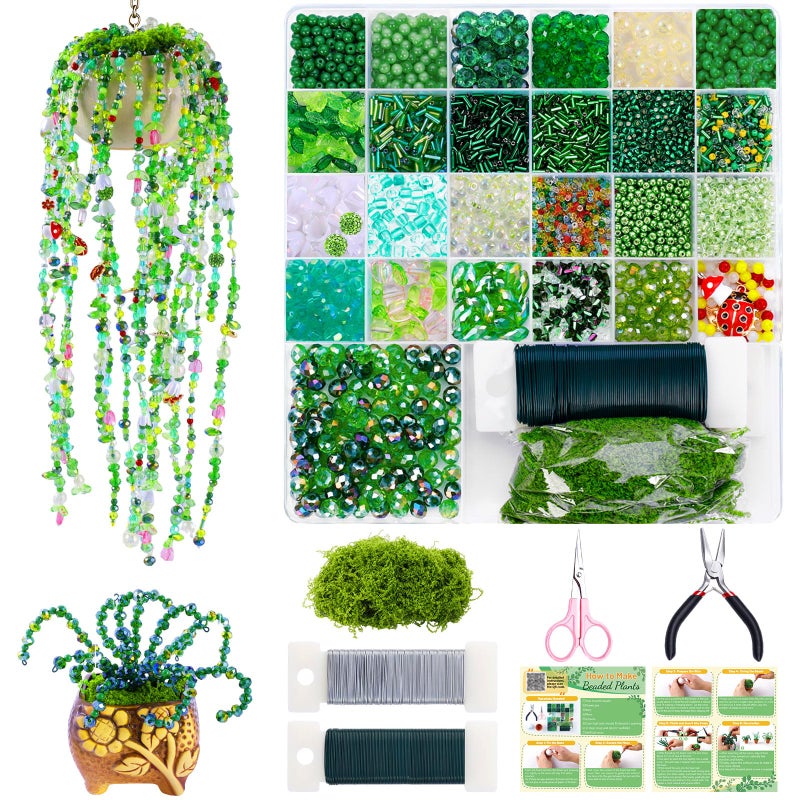 FOGWOWO 5422 Pcs Beaded Plant Kit Green Glass Beads for Plant Making, Green Beads for Beaded Plants with Video Tutorials, Nature Crystal Glass Leaf Bead for Jewelry Making DIY Craft Kit Plants Lover Gifts - Image 1