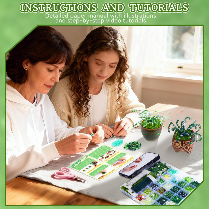 FOGWOWO 5422 Pcs Beaded Plant Kit Green Glass Beads for Plant Making, Green Beads for Beaded Plants with Video Tutorials, Nature Crystal Glass Leaf Bead for Jewelry Making DIY Craft Kit Plants Lover Gifts - Image 5