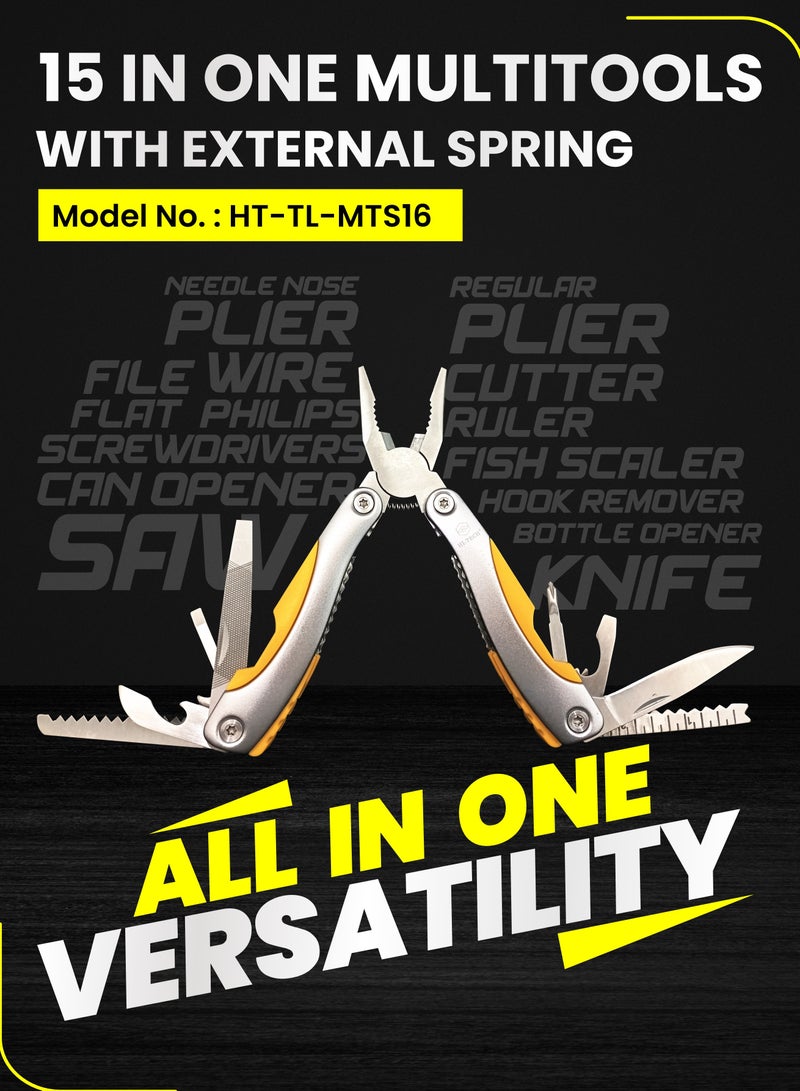 هاي-تيك أداة متعددة الأغراض HI-TECH مكونة من 15 في 1 - أداة متعددة الأغراض - كماشة ذات مقدمة إبرة، مفكات، قاطعة أسلاك، سكين، فتاحة زجاجات، منشار، قشارة سمك، والمزيد - أداة مدمجة ومتينة للاستخدام المنزلي . - Image 3