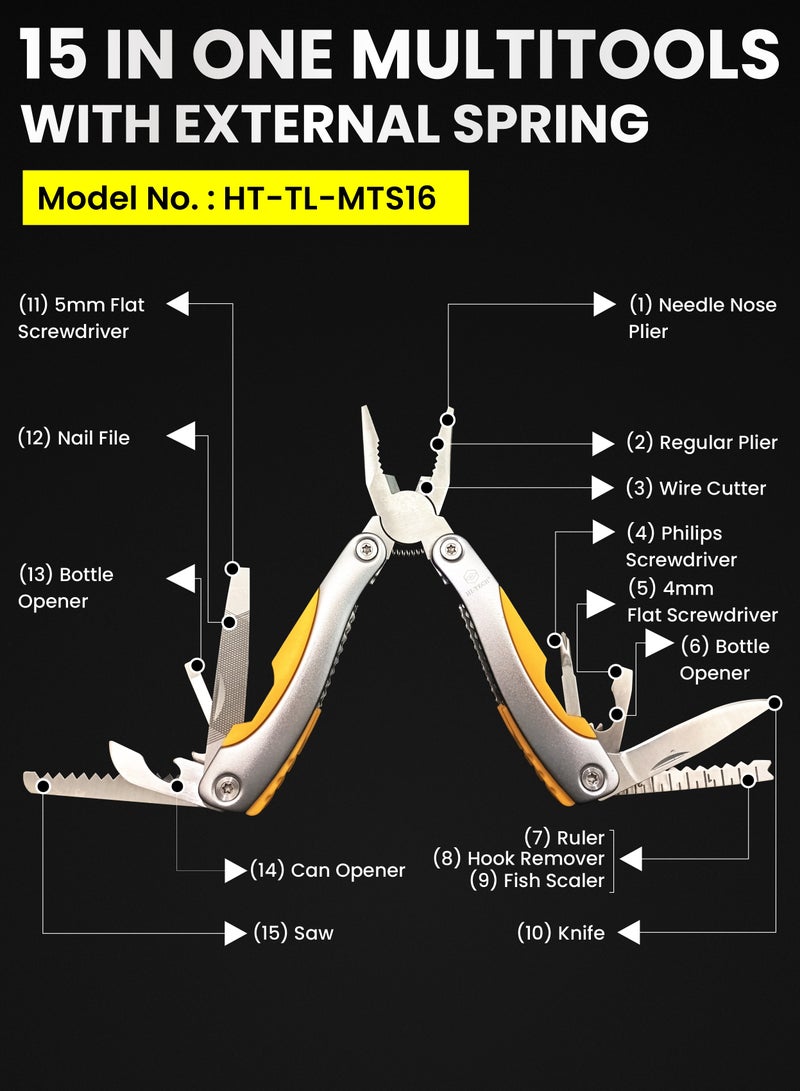 هاي-تيك أداة متعددة الأغراض HI-TECH مكونة من 15 في 1 - أداة متعددة الأغراض - كماشة ذات مقدمة إبرة، مفكات، قاطعة أسلاك، سكين، فتاحة زجاجات، منشار، قشارة سمك، والمزيد - أداة مدمجة ومتينة للاستخدام المنزلي . - Image 4