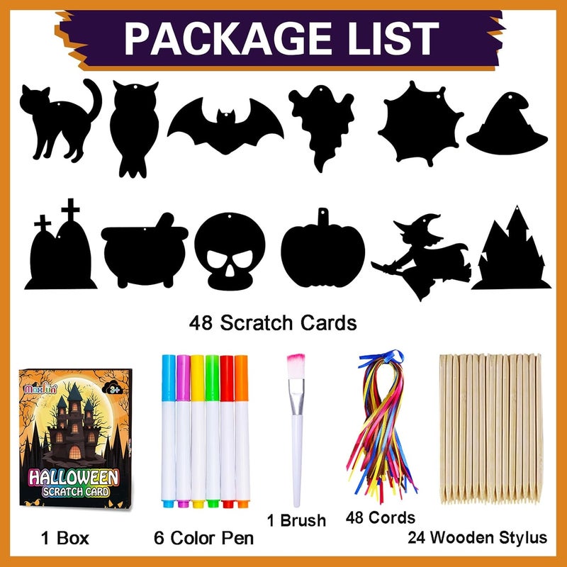 Max Fun Halloween Crafts for Kids Scratch Off Art Paper Cards 48Pack, Magic Rainbow Ornaments Hanging Supplies Educational Toys Kit Halloween Party Games Favor - Image 2