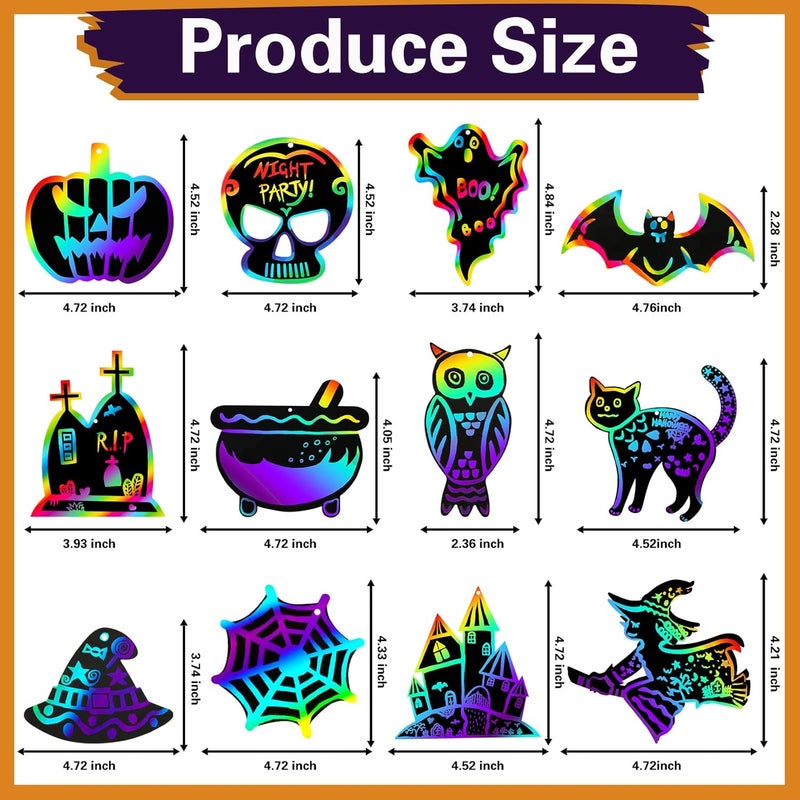 Max Fun Halloween Crafts for Kids Scratch Off Art Paper Cards 48Pack, Magic Rainbow Ornaments Hanging Supplies Educational Toys Kit Halloween Party Games Favor - Image 4