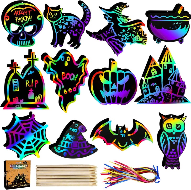 Max Fun Halloween Crafts for Kids Scratch Off Art Paper Cards 48Pack, Magic Rainbow Ornaments Hanging Supplies Educational Toys Kit Halloween Party Games Favor - Image 1