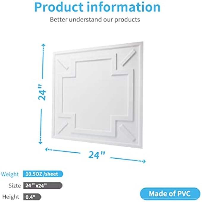 DECORATIVE DROP CEILING TILE 2"X2", GLUE-UP 3D TEXTURED CEILING PANEL, PLASTIC SHEET IN WHITE(12 PACK) - Image 3
