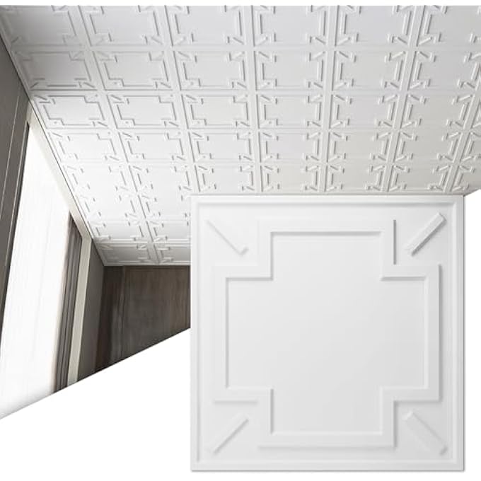 DECORATIVE DROP CEILING TILE 2"X2", GLUE-UP 3D TEXTURED CEILING PANEL, PLASTIC SHEET IN WHITE(12 PACK) - Image 1