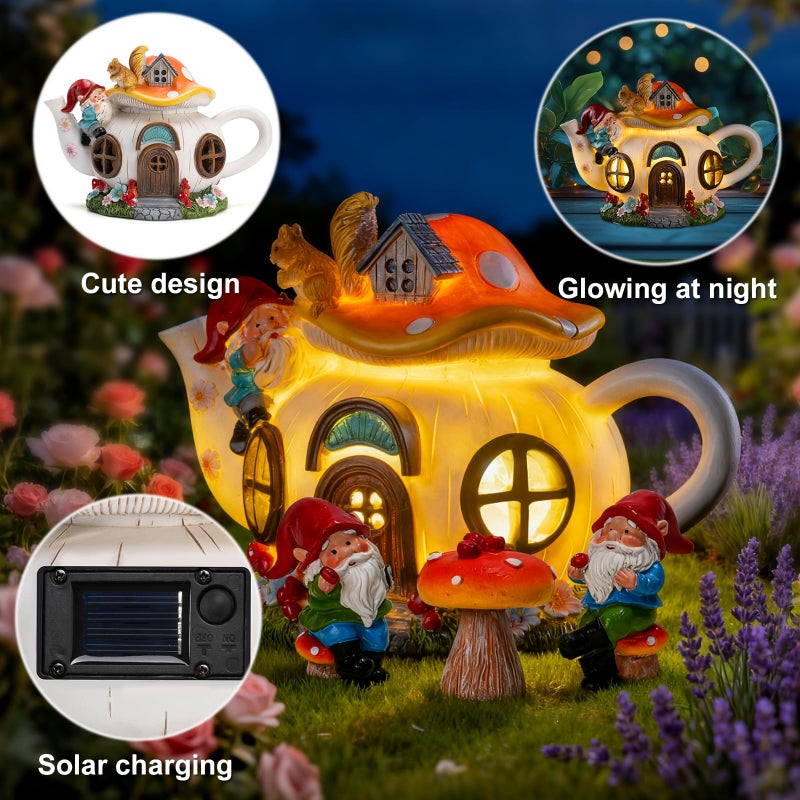 twinbling Solar Fairy Garden House Lights - Mushroom Teapot Gnome House Statue Set with 2 Mini Gnomes and 1 Mushroom Figurines, Outdoor Garden Decor, Gift for Gardeners and Moms (Set) - Image 4
