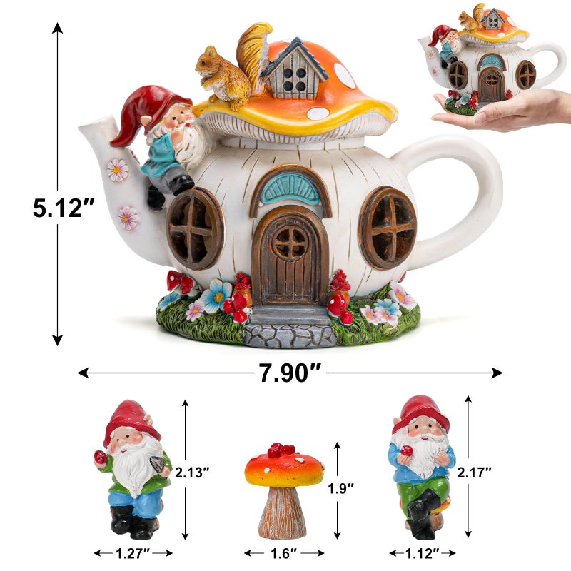 twinbling Solar Fairy Garden House Lights - Mushroom Teapot Gnome House Statue Set with 2 Mini Gnomes and 1 Mushroom Figurines, Outdoor Garden Decor, Gift for Gardeners and Moms (Set) - Image 2
