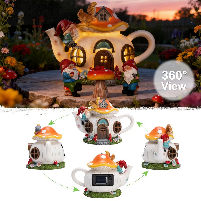twinbling Solar Fairy Garden House Lights - Mushroom Teapot Gnome House Statue Set with 2 Mini Gnomes and 1 Mushroom Figurines, Outdoor Garden Decor, Gift for Gardeners and Moms (Set) - Image 3