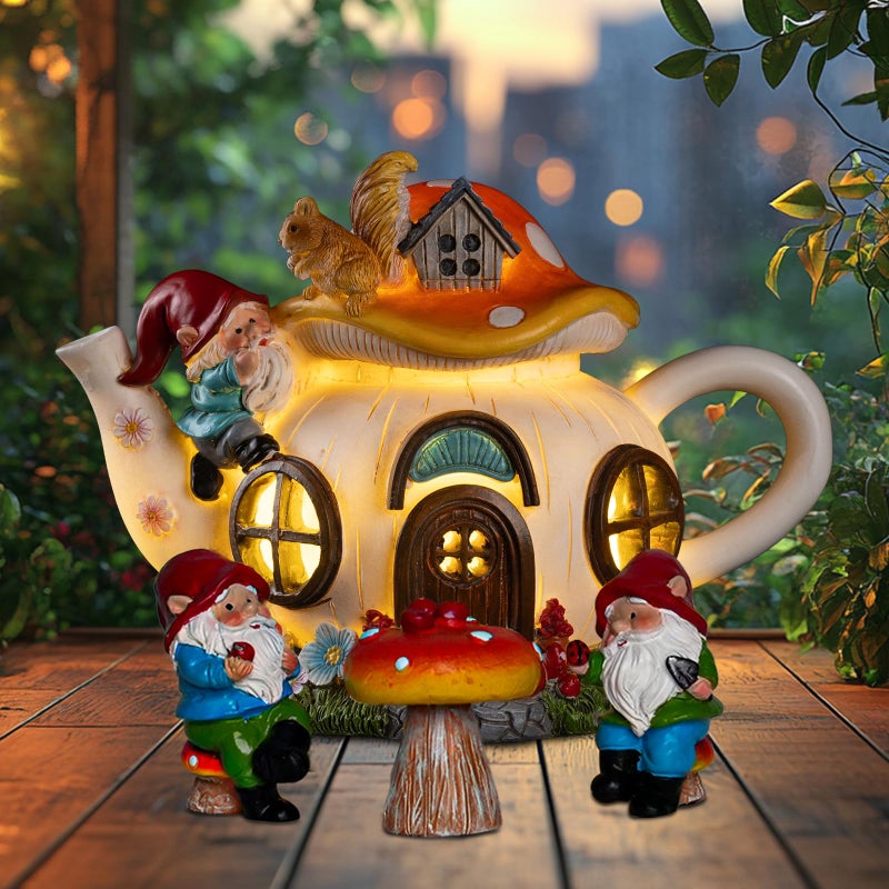 twinbling Solar Fairy Garden House Lights - Mushroom Teapot Gnome House Statue Set with 2 Mini Gnomes and 1 Mushroom Figurines, Outdoor Garden Decor, Gift for Gardeners and Moms (Set) - Image 1