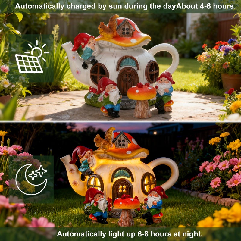 twinbling Solar Fairy Garden House Lights - Mushroom Teapot Gnome House Statue Set with 2 Mini Gnomes and 1 Mushroom Figurines, Outdoor Garden Decor, Gift for Gardeners and Moms (Set) - Image 5