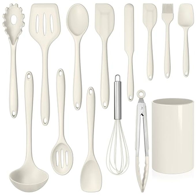 LIANYU 14 Pcs Kitchen Utensils Set with Holder, Silicone Cooking Utensils Spatula Set, Heat Resistant Cookware Tools Includes Spoon Turner Whisk Tong, Dishwasher safe, Cream White