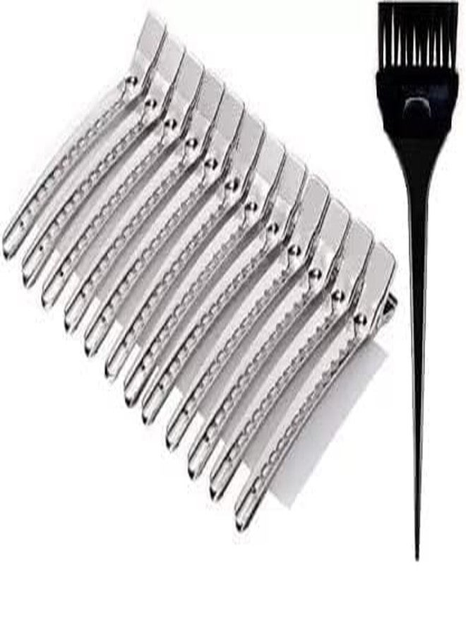 VEDETIC® Hair Section Clips 3.5 inches with 1 Hair Coloring Brush | Metal Curl Clips Duck Bill Sectioning Clips Alligator Hair Clips(Silver) - Image 1