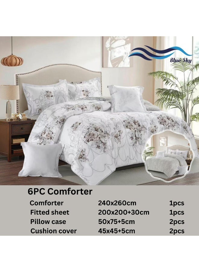 بلو سكاي مفرش سرير نفرين فندقي فاخر – طقم لحاف بحشوة 6 قطع – طقم مفارش يتكون من مفرش  بحشوة وشرشف مطاطي و 2 كيس مخدة و 2 كيس وسادة مربعة – طقم نوم ناعم ومريح - مقاس المفرش 260X240 سم - Image 2