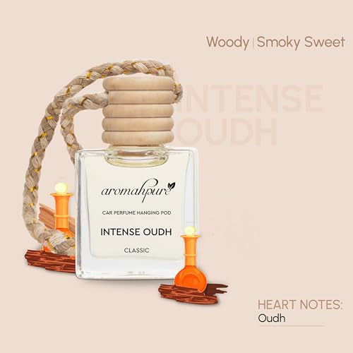 Aromahpure Premium Car Perfume Hanging Pod |10 ML |Royal Oudh Fragrance Car Air Freshener |Natural Essential Fragrance Oils in Glass Bottle with Wooden Diffuser Lid |Last upto 60 days (Pack of 3) - Image 3