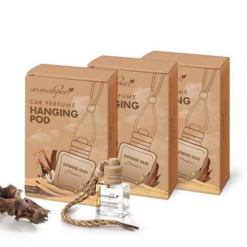 Aromahpure Premium Car Perfume Hanging Pod |10 ML |Royal Oudh Fragrance Car Air Freshener |Natural Essential Fragrance Oils in Glass Bottle with Wooden Diffuser Lid |Last upto 60 days (Pack of 3) - Image 1