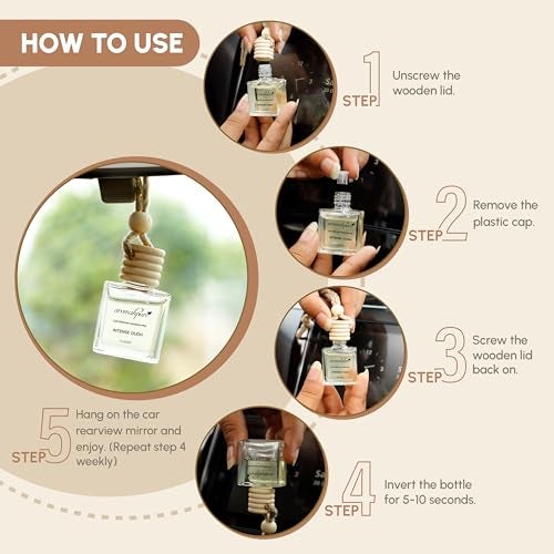 Aromahpure Premium Car Perfume Hanging Pod |10 ML |Royal Oudh Fragrance Car Air Freshener |Natural Essential Fragrance Oils in Glass Bottle with Wooden Diffuser Lid |Last upto 60 days (Pack of 3) - Image 4