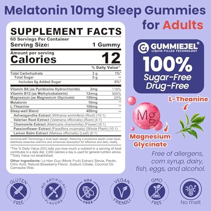 EnvyCure Melatonin Gummies 10mg 20mg with Magnesium for Adults | Drug Free | Sleep Aid | Sugar Free | L-Theanine, Ashwagandha, B6, B12, Lemon Balm & Chamomile, Supports Deep Relaxation, 60 Cts - Image 2