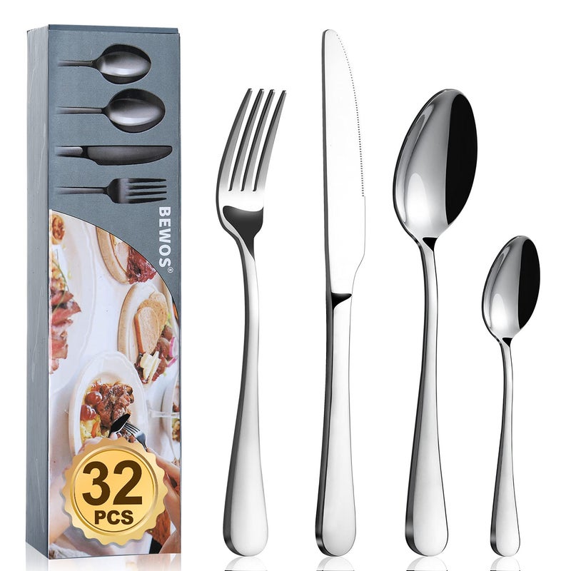 Cutlery Set BEWOS 32 Piece Stainless Steel Flatware Set Tableware Silverware Set with Spoon Knife and Fork Set Service for 8 Dishwasher SafeEasy Clean Mirror Polished