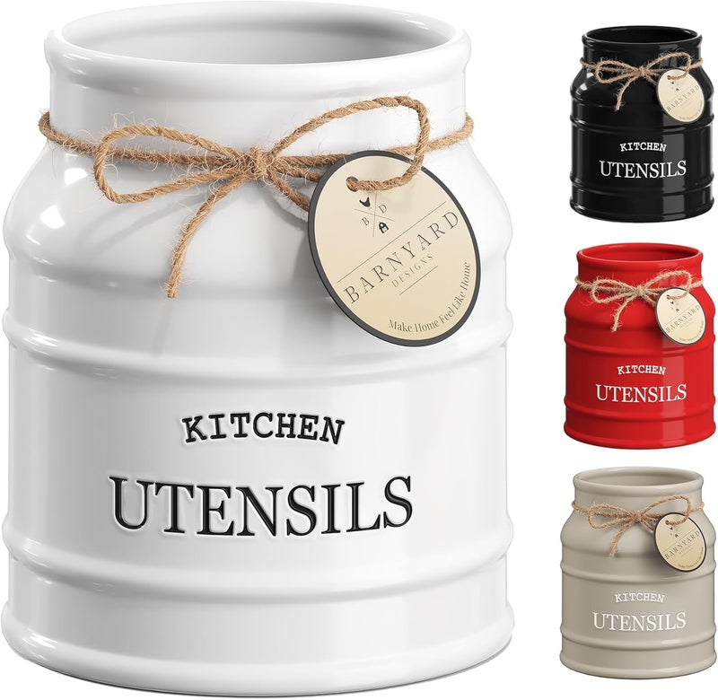 BARNYARD DESIGNS Barnyard Designs Ceramic Farmhouse Utensil Holder for Kitchen Counter, Large Rustic Utensil Crock, Countertop Cooking Tool Spatula Organizer, 6.75” (White)  - Image 1