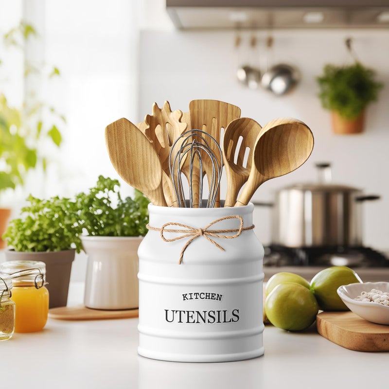 BARNYARD DESIGNS Barnyard Designs Ceramic Farmhouse Utensil Holder for Kitchen Counter, Large Rustic Utensil Crock, Countertop Cooking Tool Spatula Organizer, 6.75” (White)  - Image 2