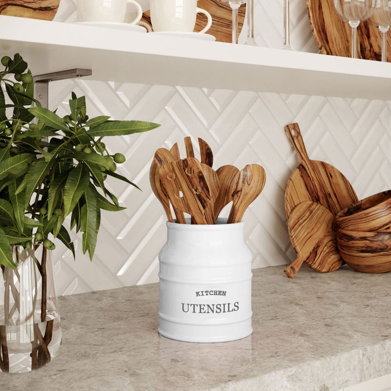 BARNYARD DESIGNS Barnyard Designs Ceramic Farmhouse Utensil Holder for Kitchen Counter, Large Rustic Utensil Crock, Countertop Cooking Tool Spatula Organizer, 6.75” (White)  - Image 5