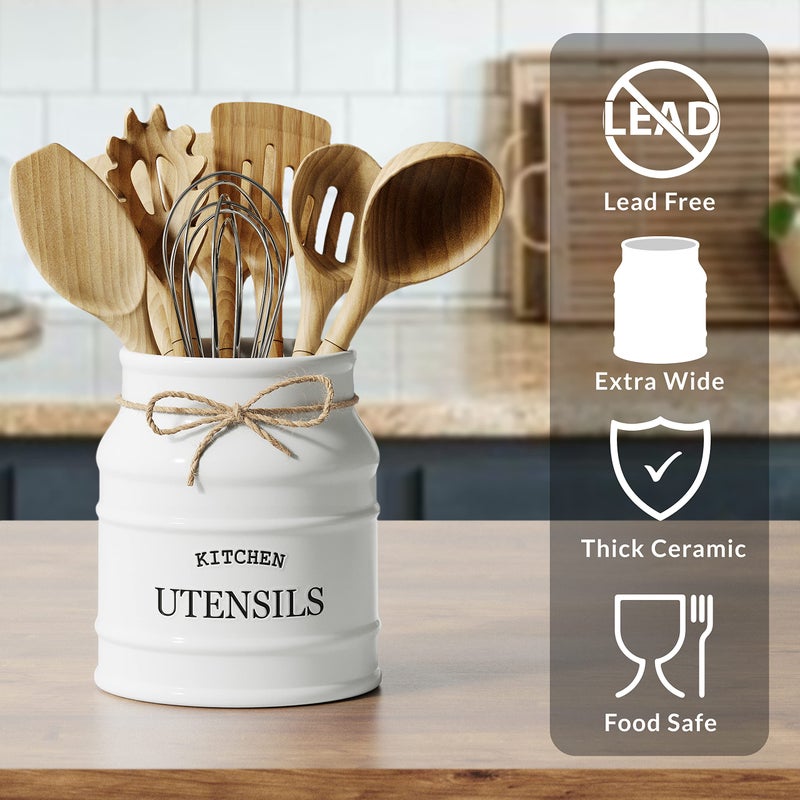 BARNYARD DESIGNS Barnyard Designs Ceramic Farmhouse Utensil Holder for Kitchen Counter, Large Rustic Utensil Crock, Countertop Cooking Tool Spatula Organizer, 6.75” (White)  - Image 4
