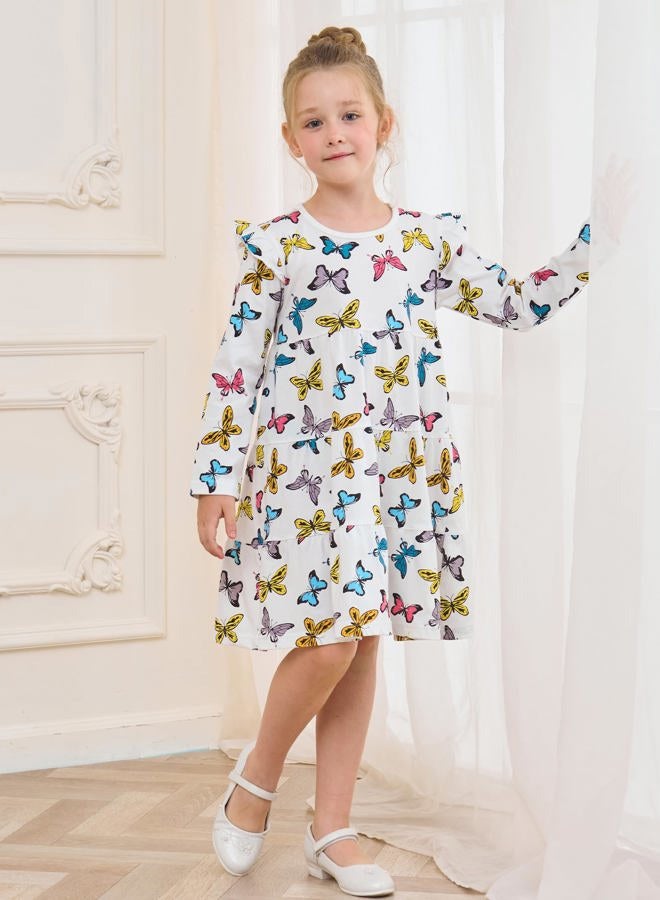 Bumeex Kids Little Girl's Fall Dress Cute Long Sleeve Cotton Fashion Casual Spring Swing Twirly Dresses Clothes Outfits Clothing White Butterfly 6-7 Years - Image 4