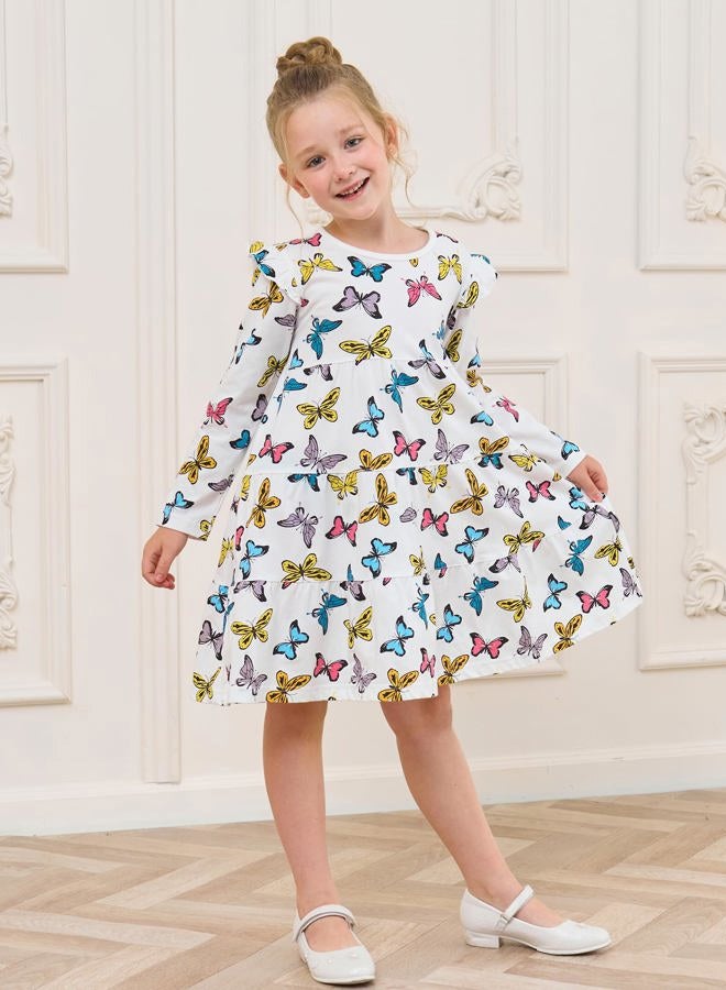 Bumeex Kids Little Girl's Fall Dress Cute Long Sleeve Cotton Fashion Casual Spring Swing Twirly Dresses Clothes Outfits Clothing White Butterfly 6-7 Years - Image 3