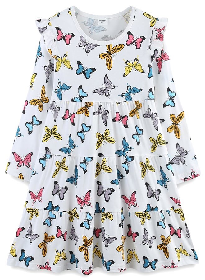 Bumeex Kids Little Girl's Fall Dress Cute Long Sleeve Cotton Fashion Casual Spring Swing Twirly Dresses Clothes Outfits Clothing White Butterfly 6-7 Years - Image 1