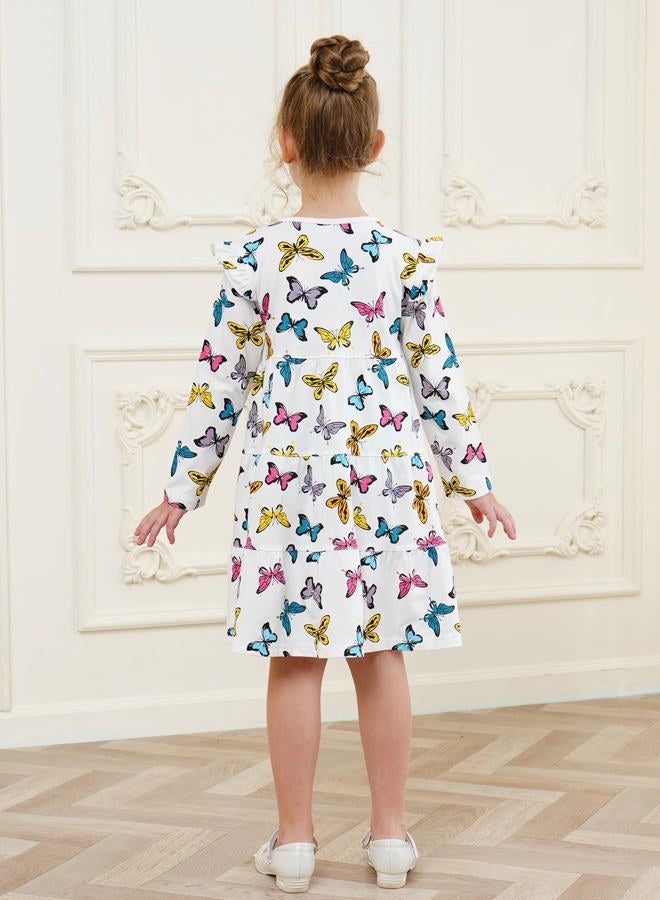 Bumeex Kids Little Girl's Fall Dress Cute Long Sleeve Cotton Fashion Casual Spring Swing Twirly Dresses Clothes Outfits Clothing White Butterfly 6-7 Years - Image 5