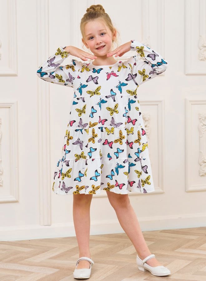 Bumeex Kids Little Girl's Fall Dress Cute Long Sleeve Cotton Fashion Casual Spring Swing Twirly Dresses Clothes Outfits Clothing White Butterfly 6-7 Years - Image 2