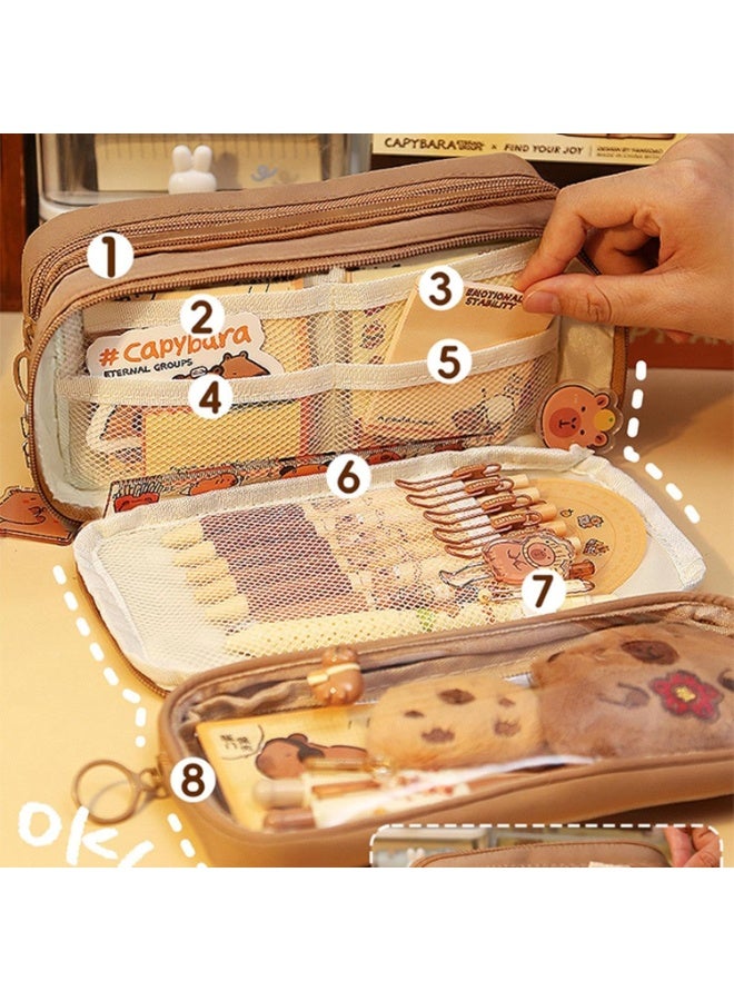 كوفوز حقيبة أقلام رصاص كابيبارا لطيفة، حقيبة أقلام رصاص كابيبارا، حقيبة أقلام رصاص كابيبارا لطيفة ذات سعة كبيرة مع دبابيس كابيبارا لطيفة وحقيبة أقلام متعددة الطبقات ذات سعة كبيرة قرطاسية لطيفة مستلزمات مدرسية لطيفة - Image 3