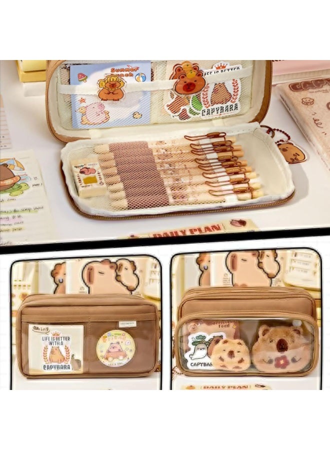 كوفوز حقيبة أقلام رصاص كابيبارا لطيفة، حقيبة أقلام رصاص كابيبارا، حقيبة أقلام رصاص كابيبارا لطيفة ذات سعة كبيرة مع دبابيس كابيبارا لطيفة وحقيبة أقلام متعددة الطبقات ذات سعة كبيرة قرطاسية لطيفة مستلزمات مدرسية لطيفة - Image 4