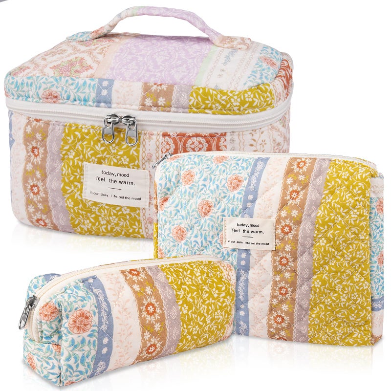 Gosect Quilted Makeup Bag Set, Large Floral Cosmetic Bag for Women, Cute Cotton Makeup Bag, Flower Travel Toiletry Organizer Bag(Color-Coded Floral) - Image 1