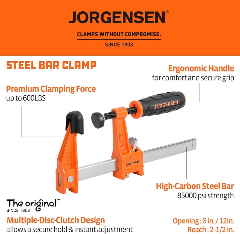 Jorgensen 4-pack Steel Bar Clamps Set, 6 inch & 12 inch Medium Duty F-Clamp - 600 Lbs Load Limit for Woodworking - Image 2