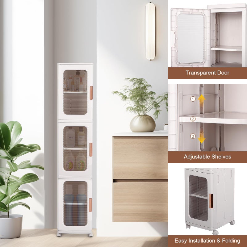 FAHKNS 3-Tier Narrow Storage Cabinet with Transparent Doors and Adjustable Shelves, Ideal Bathroom Organizer and Storage Cabinet for Compact Space, Bathroom, Kitchen, Laundry - Image 3