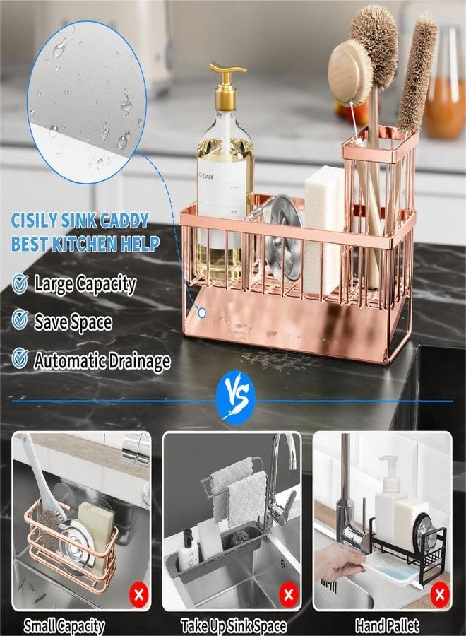 Cisily Sink Caddy Organzier with High Brush Holder, Sponge Holder for Sink, 304 Rustproof Stainless, Kitchen Countertop Soap Dispenser Organizer, Rose Gold Kitchen Decor and Accessories - Image 2