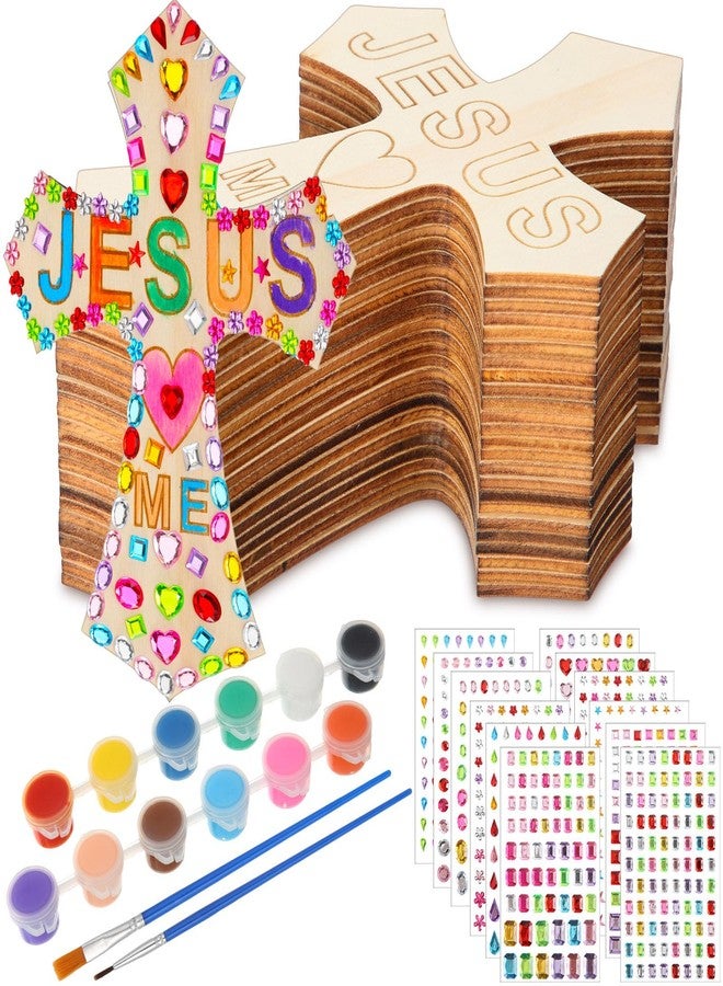 PullCrease DIY Wood Cross Crafts for Kids Religious Craft Kit Sunday School Vacation Bible School Supplies 24 Pack Wooden Cross with Stickers 1 Set Paint(Stylish Style) - Image 1