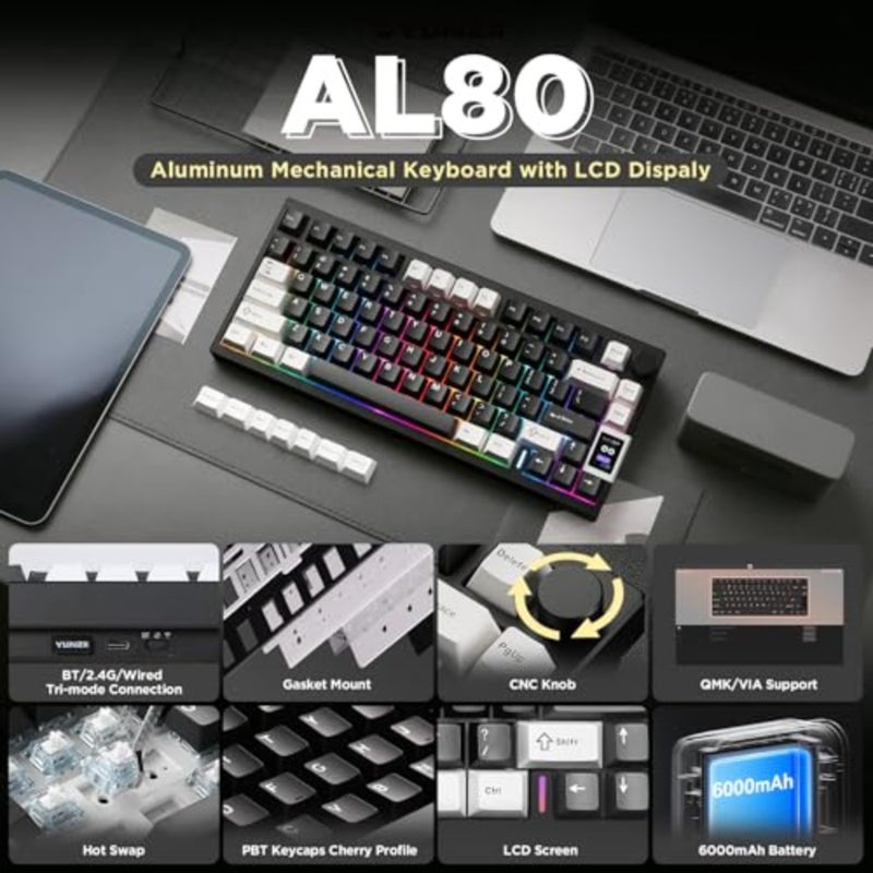 لوحة مفاتيح ميكانيكية لاسلكية للألعاب/Win/Mac بإطار من الألومنيوم، لون أسود، دعم QMK/VIA، شاشة LCD ذكية، مفاتيح التبديل السريع، هيكل الحشية، إضاءة RGB، اتصال BT/2.4G/USB-C - Image 2