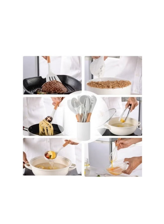 طقم أدوات طهي سيليكون غير لاصق مكون من 11 قطعة بمقبض خشبي - مقاوم للحرارة، تصميم مقاوم للخدش، مثالي لأواني الطهي غير اللاصقة، مريح للاستخدام - Image 3