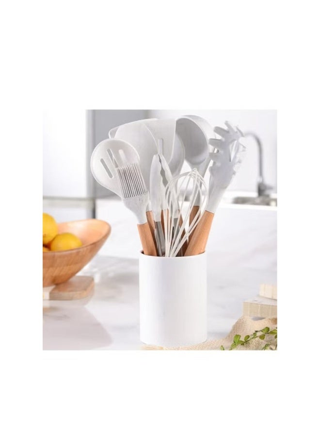 طقم أدوات طهي سيليكون غير لاصق مكون من 11 قطعة بمقبض خشبي - مقاوم للحرارة، تصميم مقاوم للخدش، مثالي لأواني الطهي غير اللاصقة، مريح للاستخدام - Image 1