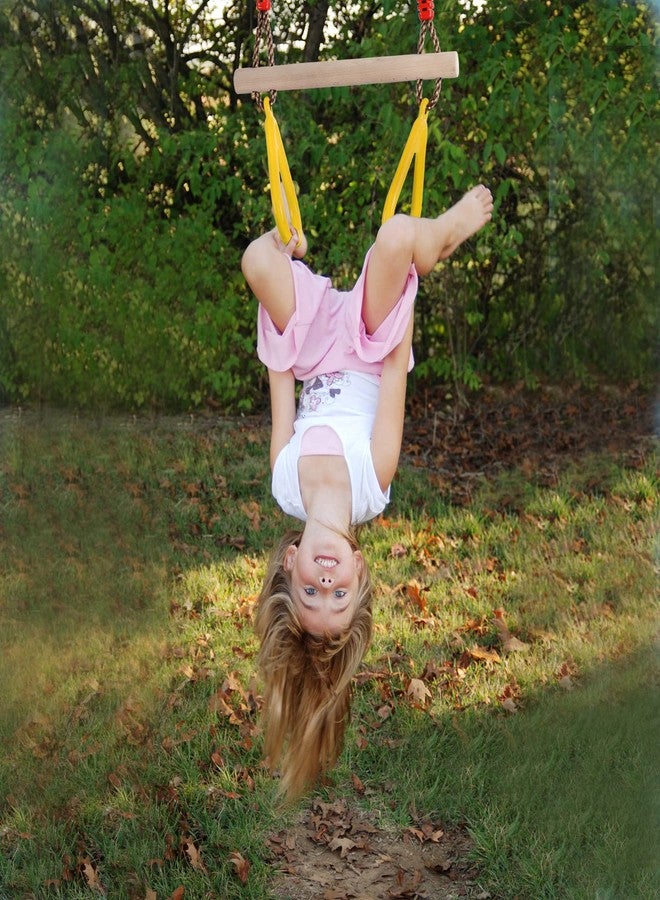 PELLOR Playground Children's Wooden Trapeze Swing Bar with Plastic Gym Rings Swing Set for Indoor & Outdoor Fun - Image 2