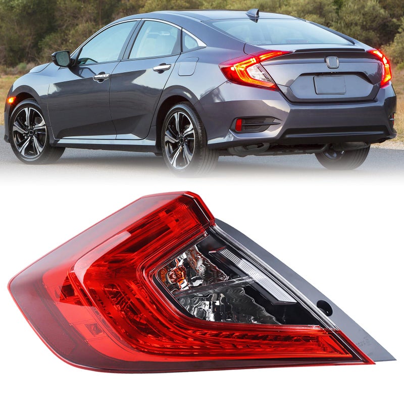 KAMDKI With Side Marker LH Outer Tail Light Fit for 2016 2017 2018 2019 2020 2021 Honda Civic 4Door Sedan Rear Lamp With Bulbs Rear Lights Left Driver Side HO2804110 33550TBAA01