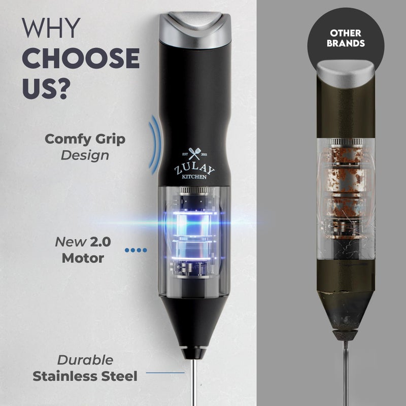 Zulay Kitchen Powerful Frother Wand AA Batteries Included, Ultra Fast Handheld Drink Mixer, Comfort Milk Frother, Stainless Steel Whisker, Frother Handheld for Coffee, Protein & Matcha - Frothmate 2.0 - Image 5