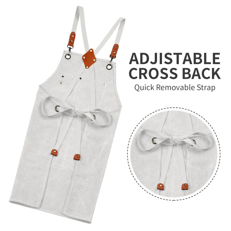 ZOMAO White Chef Aprons for Men Women with Large Pockets Cotton Canvas Cross Back Apron Kitchen Cooking Baking Bib Heavy Duty Adjustable Work Apron - Image 3